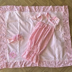 Pink Lace Newborn Gown, Blanket & Headband Set